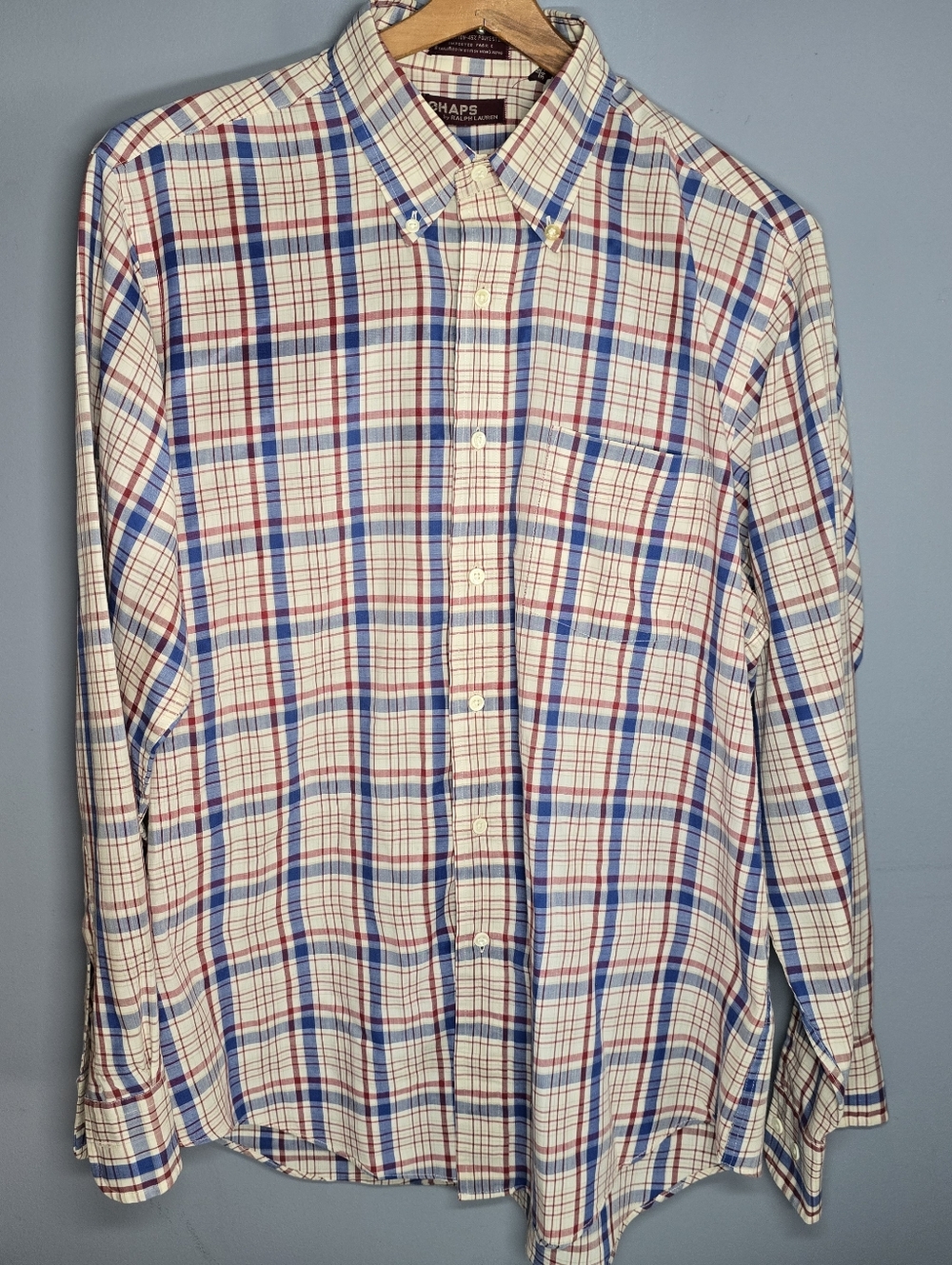 Vintage 90s Chaps Ralph Lauren Dress Shirt-Mens LARGE/16.5,34-35-Tan/Blue/Red